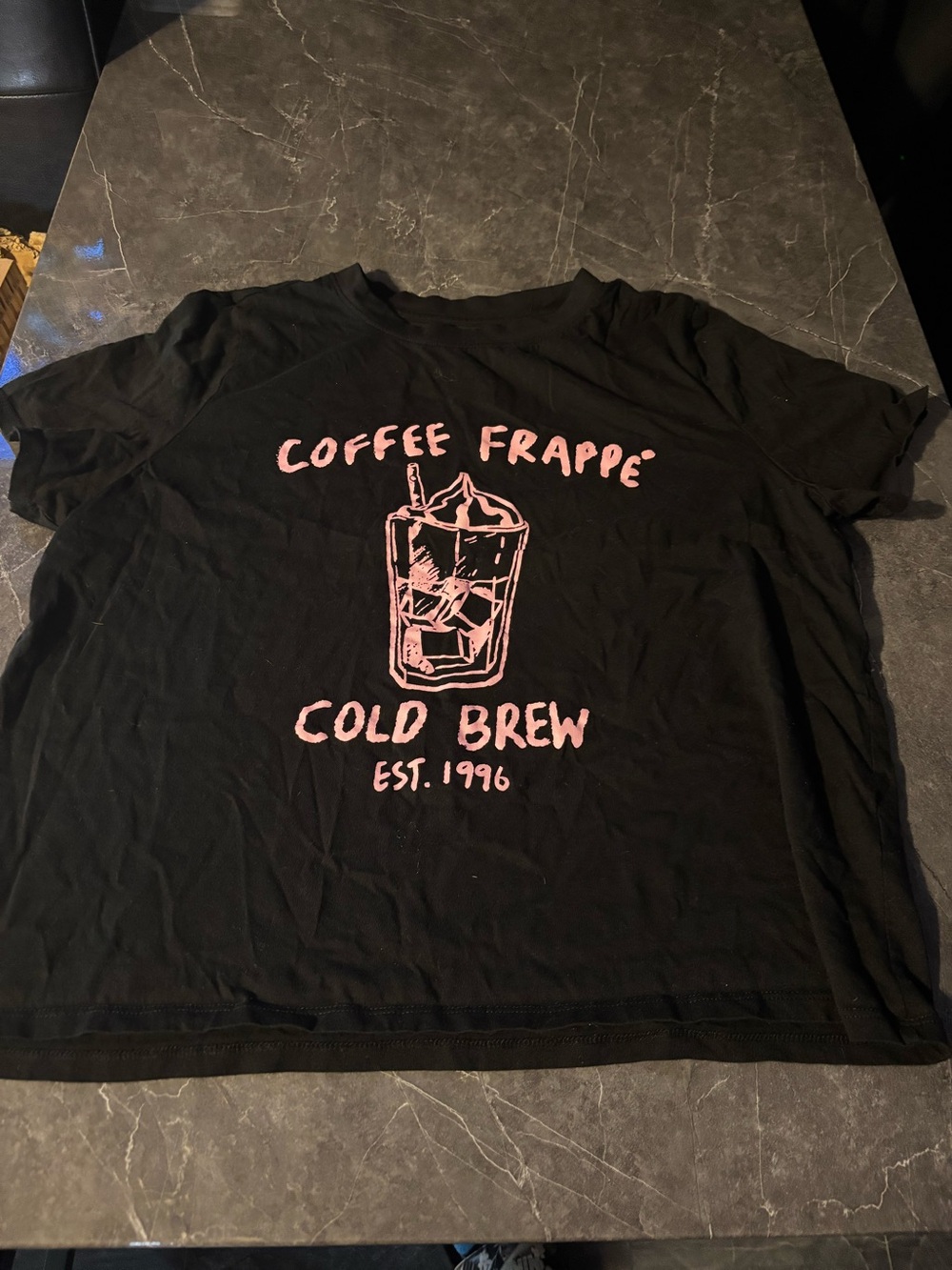 Primark Black Tee with Pink 'Coffee Frappe' Graphic